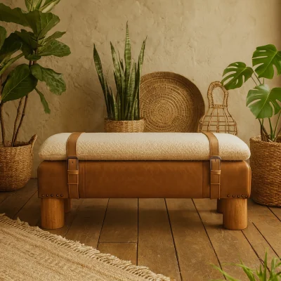 The Range Beynac Boucle Bench with Strapped Buffalo Leather Base and Mango Wood Legs - Brown