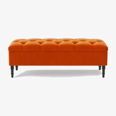 The Range 137cm Chesterfield Ottoman Storage Bench, Duck Egg Tufted Upholstered Velvet Ottoman Footstool - Burnt Orange Plush Velvet