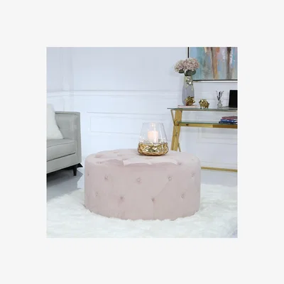 Teddy Beau Deco Home Pink Round Stool With Velvet Upholstery And Tufted Buttons