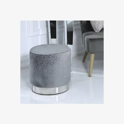 Teddy Beau Deco Home Grey Round Stool With Velvet Fabric Adorned With Sparkling Diamantes