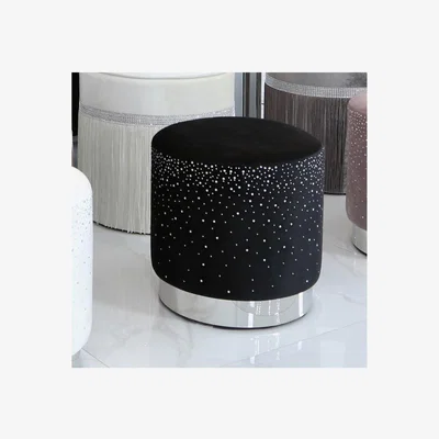 Teddy Beau Deco Home Black Round Stool With Velvet Fabric Adorned With Sparkling Diamantes