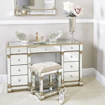 Teddy Beau Deco Home Athens Mirrored Dressing Stool in Champagne