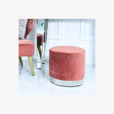 Teddy Beau Deco Home Salmon Pink Round Stool With Velvet Fabric Adorned With Sparkling Diamantes