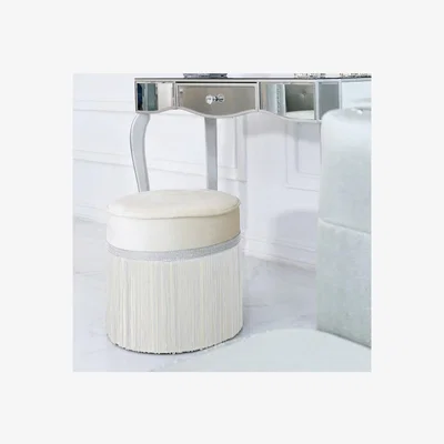 Teddy Beau Deco Home Ivory Velvet Round Stool With A Glittering Diamante Band And Tassels
