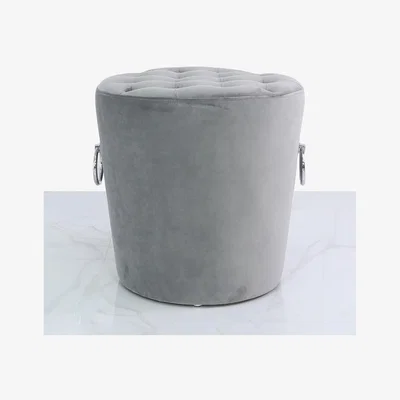 Teddy Beau Deco Home Grey Round Velvet Stool With Tufted Buttons And Silver Side Handles