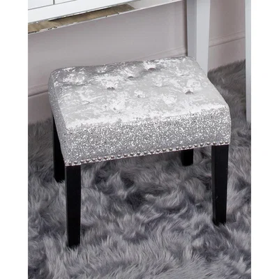 Teddy Beau Deco Home Silver Crushed Velvet Dressing Stool Chair With Sparkly Glitter Sides