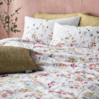 Downtown Voyage Ilinizas Duvet Cover Set - King, Cotton, Floral - White/Red/Pink/Yellow