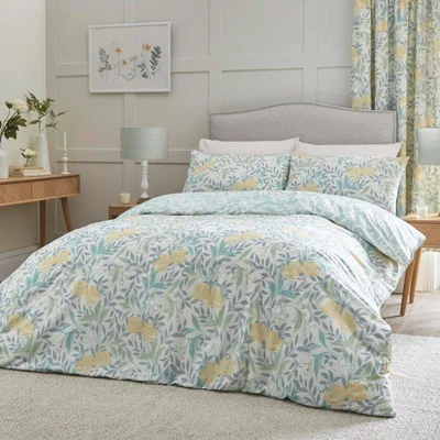 Downtown Dreams & Drapes Dreams and Drapes Sandringham Duck Egg Duvet Cover Set - King, Cotton, Floral - Blue/Green/White/Yellow