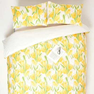 The Range Yellow Tulips Printed Duvet Cover Set with Pillowcase - Yellow / King
