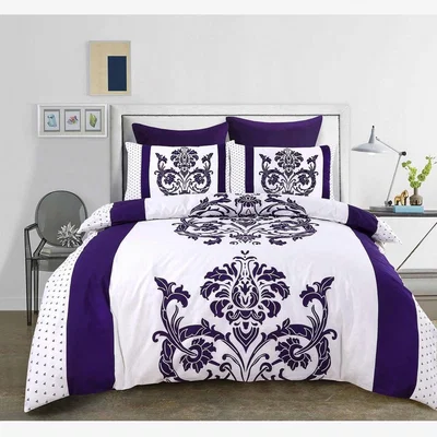 The Range Darcy Plum Damask Duvet Cover Set Modern Bedding - Purple / King