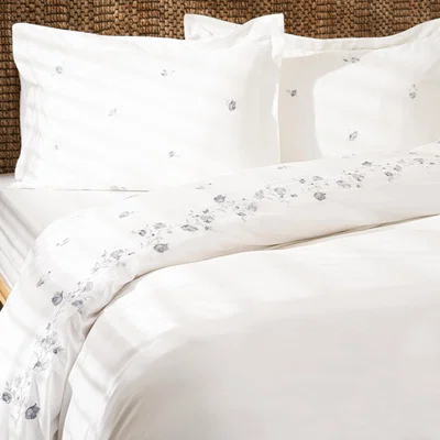 Sazy Elizabeth Flower Embroidered 100% Turkish Cotton 210 TC Duvet Cover + Fitted Sheet + 4 Pillowcases, White - Grey, King Size