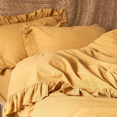 Sazy Ruby 100% Turkish Cotton Duvet Cover Set + Fitted Sheet, Mustard, King Size
