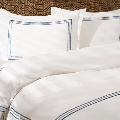 Sazy Darcy Embroidered 100% Turkish Cotton 210 TC Duvet Cover + Fitted Sheet + 4 Pillowcases, White - Blue, King Size
