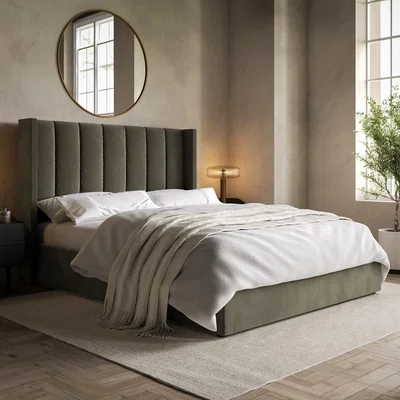 Furniture123 Khaki Velvet King Size Ottoman Bed With Winged Headboard - Maddox