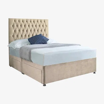 The Range Jemma Divan Bed Set with Headboard and Mattress - Chenille Fabric, Non Storage - Cream / King