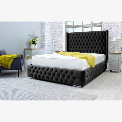 The Range Benito Plush 4 Inch Solid Thick Bed Frame With Winged Headboard - Black / King