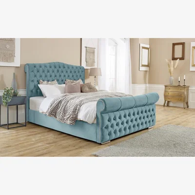 The Range Casonova Plush 4 Inch Solid Thick Bed Frame With Chesterfield Headboard - Duck Egg / King