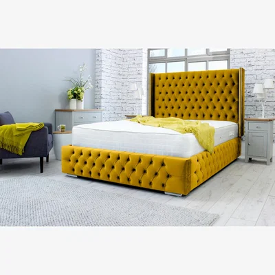 The Range Benito Plush 4 Inch Solid Thick Bed Frame With Winged Headboard - Mustard Gold / King