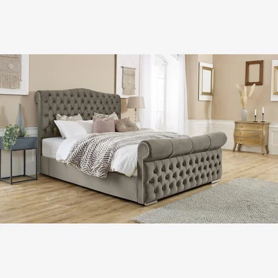 The Range Casonova Plush 4 Inch Solid Thick Bed Frame With Chesterfield Headboard - Grey / King