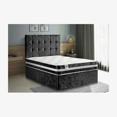 The Range Delia Divan Bed Set with Headboard Mattress-Plush Fabric, 2 Drawers Left Side - Black / King