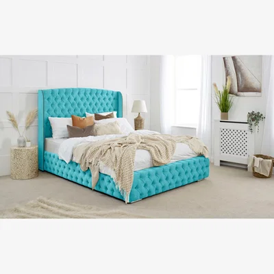 The Range Reily Plush 4 Inch Solid Thick Bed Frame With Winged Headboard - Teal / King