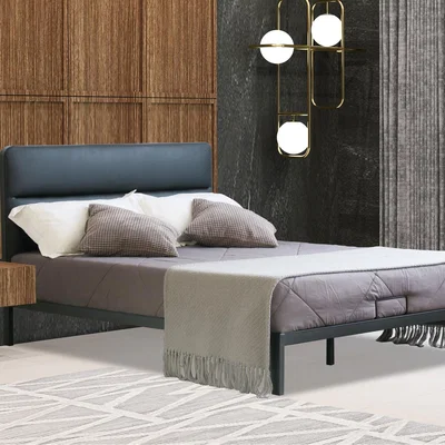 The Range Metal Bedframe with Faux Leather Headboard - Black / King