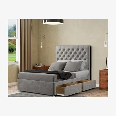 The Range Winchester Divan Bed 2 Drawers Floor Standing Headboard Matching Buttons Plush - Silver / King