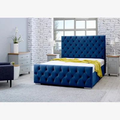 The Range Macono Plush 4 Inch Solid Thick Bed Frame With Chesterfield Headboard - Blue / King