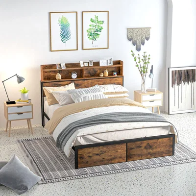 The Range Steel Bed Frame with Storage Headboard - Rustic Brown, Black / King
