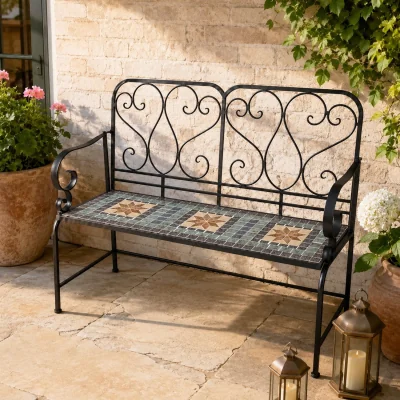 The Range Marrakech Mosaic 2 Seater Garden Bench - Black frame with mosaic tile seat