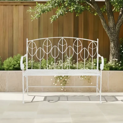 The Range Charles Bentley Antique White Leaf Design Rustic Metal Garden Bench - White