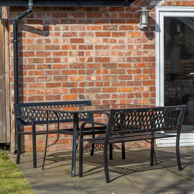 The Range 4 Person Glass Top Garden Dining Table and 2 Benches - Black
