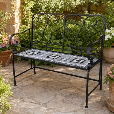 The Range Medina Mosaic 2 Seater Garden Bench - Black frame with mosaic tile seat