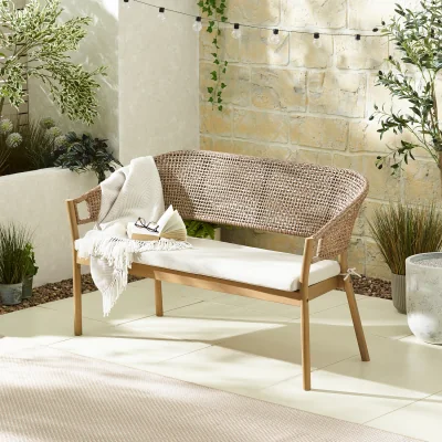 The Range Asa Wood, Wicker  Cream 3 Seater Garden Bench - Natural