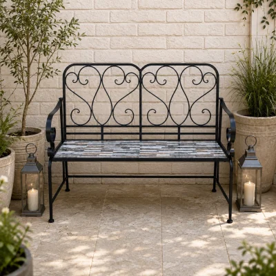 The Range Oasis Mosaic 2 Seater Garden Bench - Black frame with mosaic tile seat
