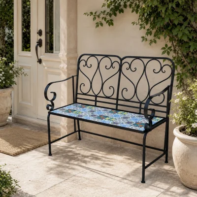 The Range Lisbon Mosaic 2 Seater Garden Bench - Black frame with mosaic tile seat