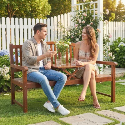 The Range Outsunny Wood Garden Loveseat Bench with Liftable Table, Cover - Light Brown