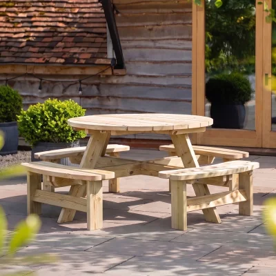 The Range Pine Eight Seater Wooden Round Garden Picnic Table and Bench 115cm - Brown