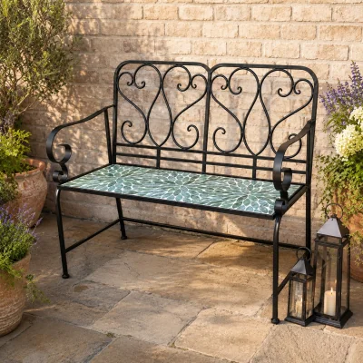 The Range Leaf Mosaic 2 Seater Garden Bench - Black frame with mosaic tile seat