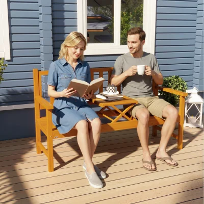 The Range Outsunny Outdoor Bench with Liftable Middle Table, 153cm Wood Garden Bench - Brown