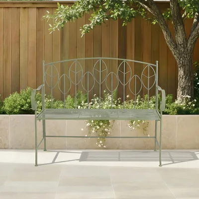 The Range Charles Bentley Sage Green Leaf Design Rustic Metal Garden Bench - Green