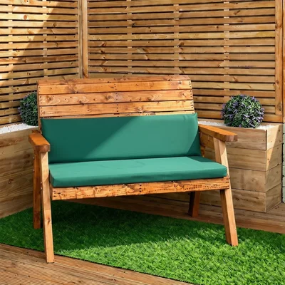 The Range Hand Made Traditional 2 Seater Chunky Rustic Wooden Garden Bench with Green Cushions, Flat Packed - Brown/Green
