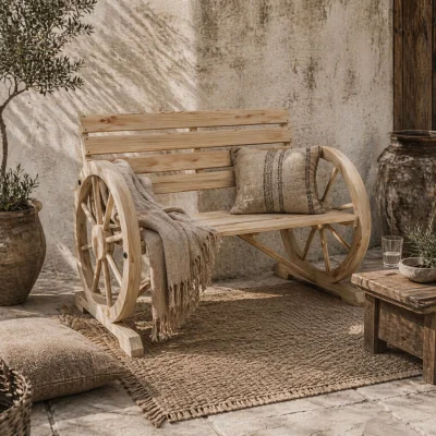The Range Hata Zilu Natural Rustic Wagon Wheel Garden Bench With Armrests