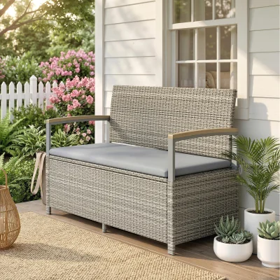 The Range Outsunny 170 L Rattan Garden Storage Bench with Cushion - Light Grey