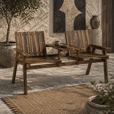 The Range Suvale Dark Wood 2-Seater Garden Bench With Table And Parasol Hole