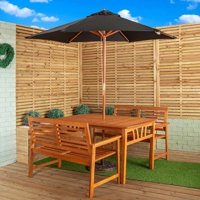 The Range 4 Person Wooden Garden Table, 2 Benches with Black Parasol and Base - Black