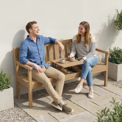 The Range Outsunny Wooden Garden Loveseat Bench with Hidden Shelf and Table - Teak