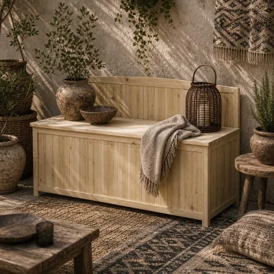 The Range Venamo Wood Natural Outdoor Storage Bench with Lift-Up Seat for Garden