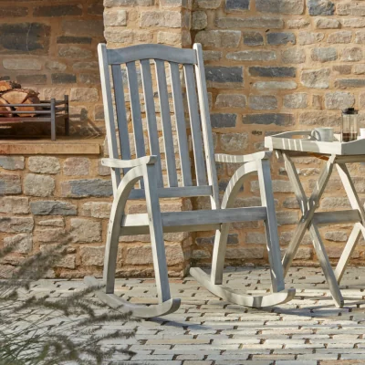 Gardenesque Repton Classic Rocker Garden Rocking Chair | W57cm X D100cm X H116cm | Eucalyptus Wood | Teak Whitewash Finish | All Weather | Gardenesque