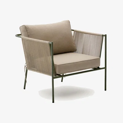 Kave Home Zivia outdoor armchair in ecru rope cord and green galvanised steel